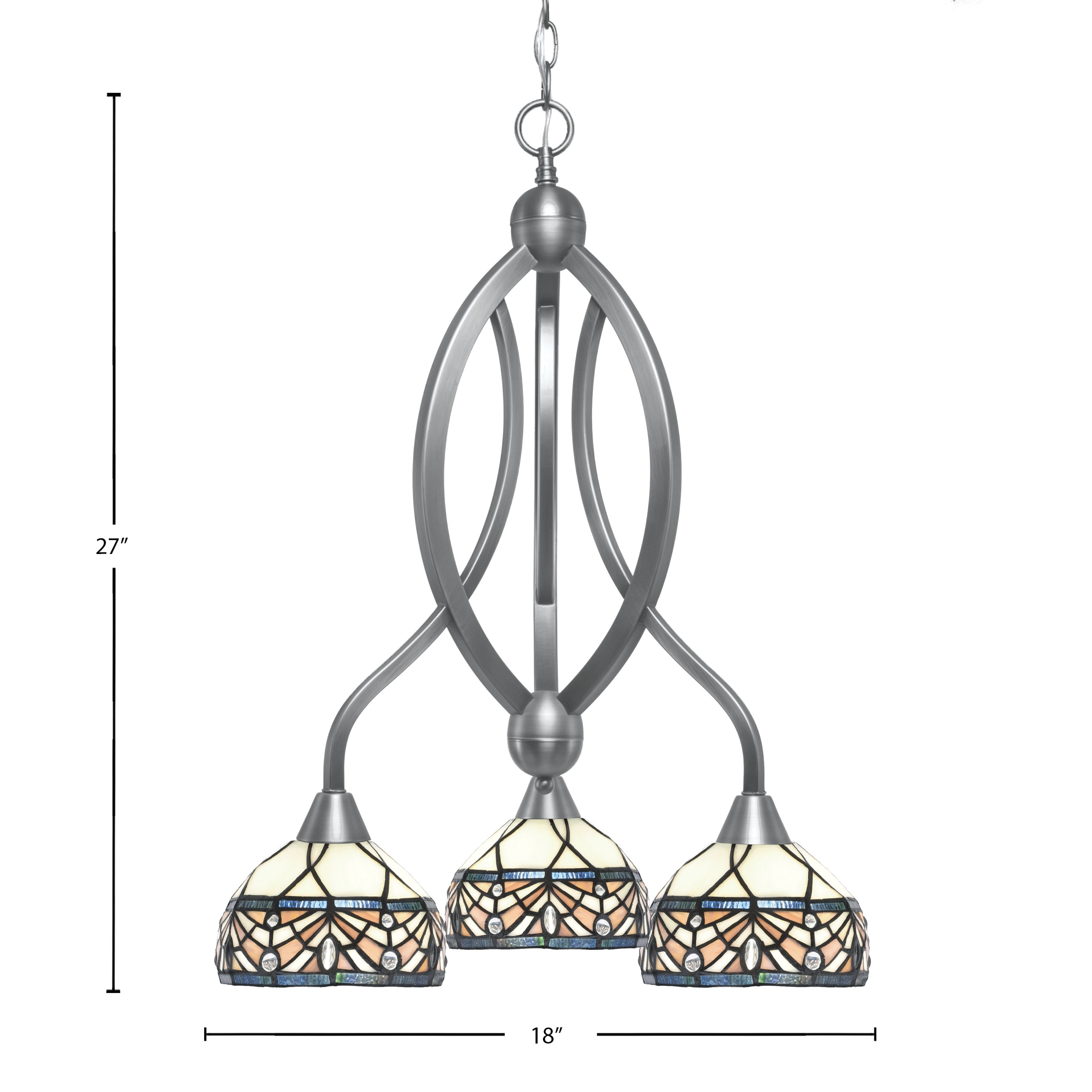 Bow Three Light Chandelier in Brushed Nickel with 7" Royal Merlot Art Glass Shade
