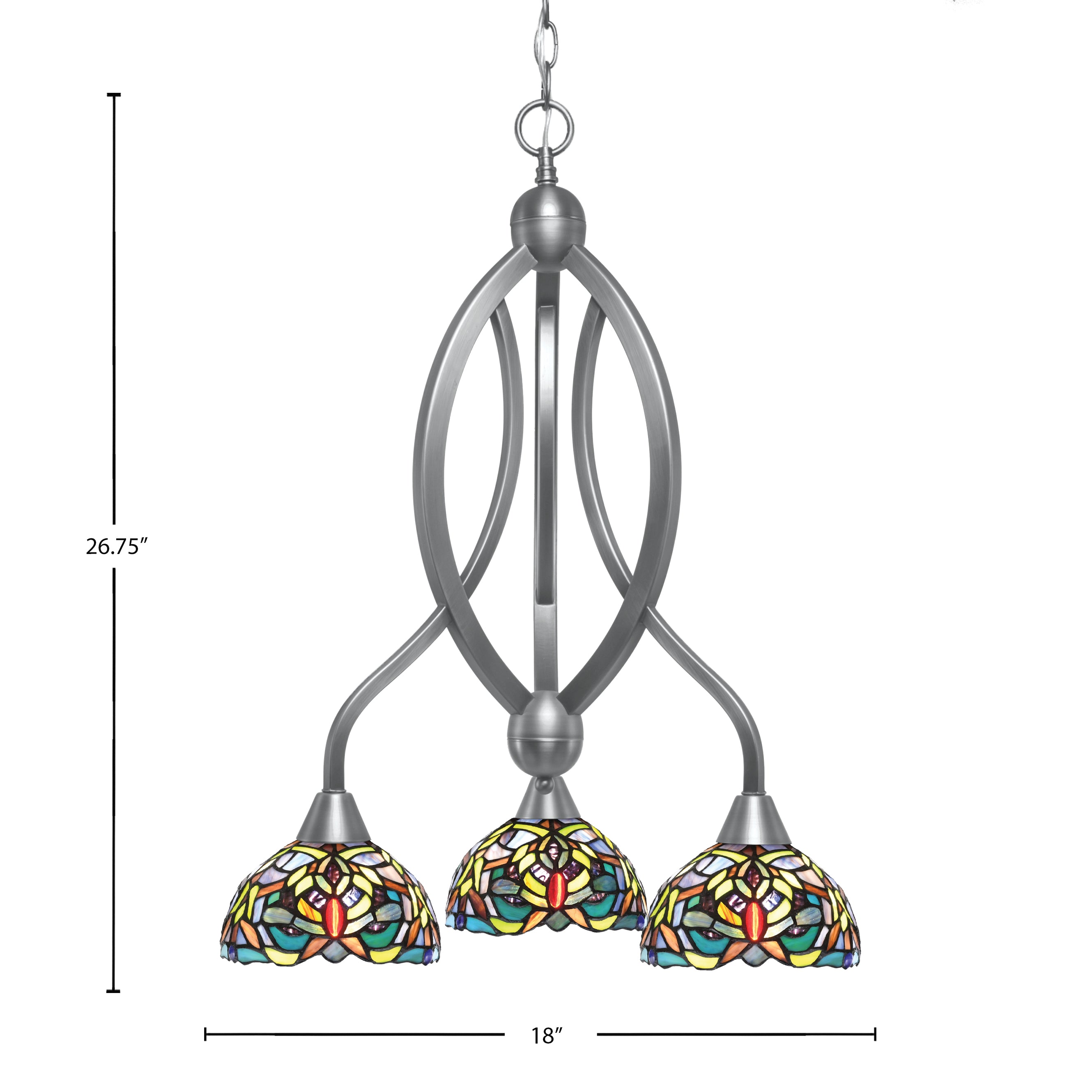 Bow Three Light Chandelier in Brushed Nickel with 7" Kaleidoscope Art Glass Shade