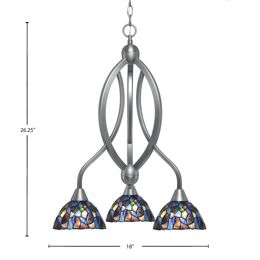 Bow Three Light Chandelier in Brushed Nickel with 7" Blue Mosaic Art Glass Shade