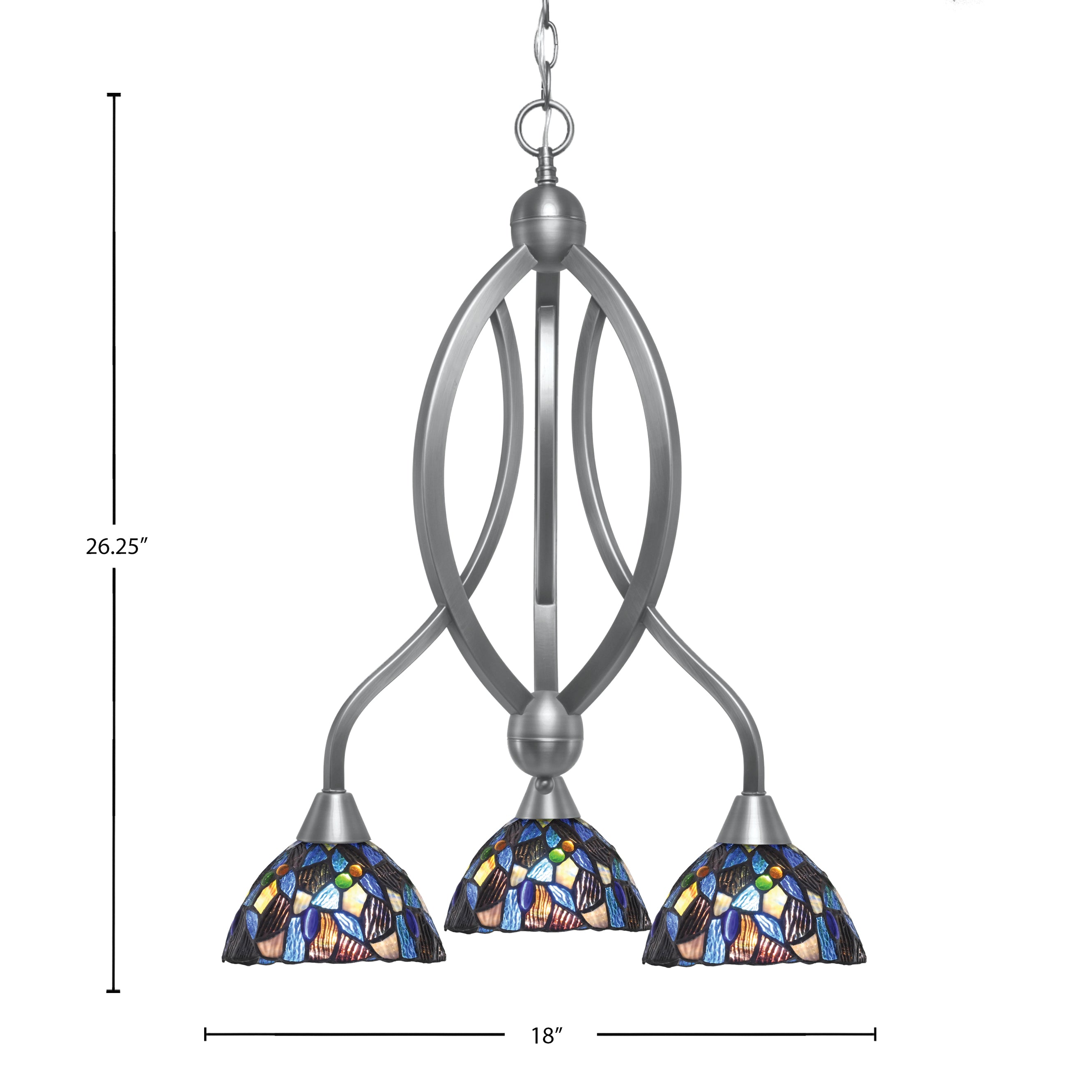 Bow Three Light Chandelier in Brushed Nickel with 7" Blue Mosaic Art Glass Shade