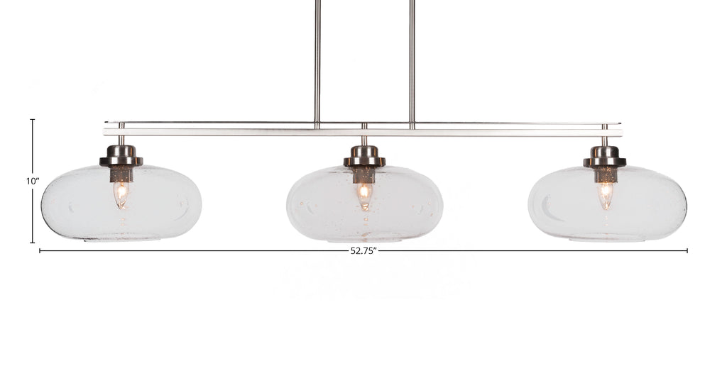Odyssey Three Light Island Pendant in Brushed Nickel with 13" Clear Bubble Shade