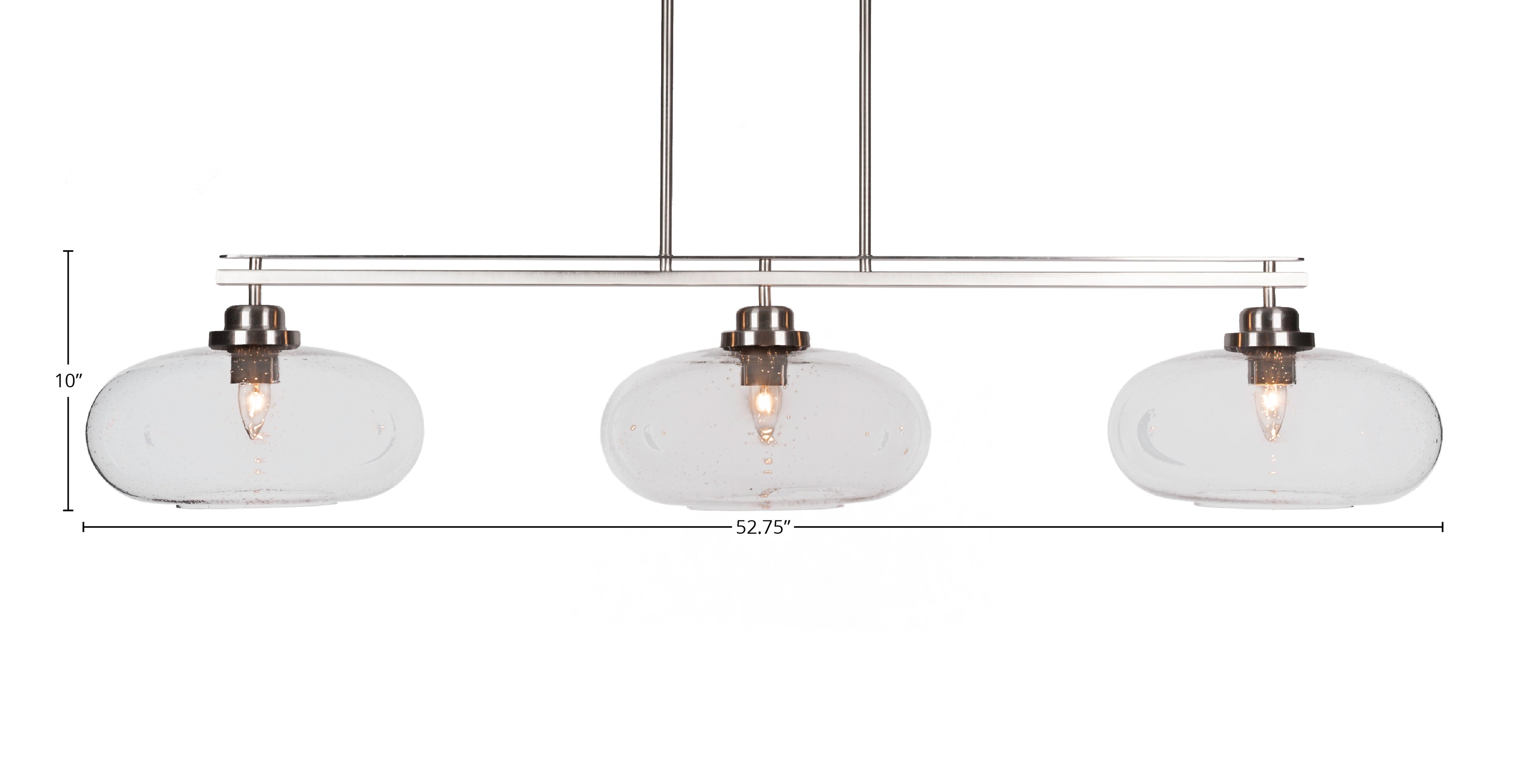 Odyssey Three Light Island Pendant in Brushed Nickel with 13" Clear Bubble Shade