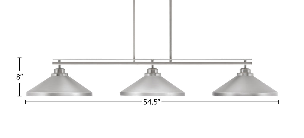 Odyssey Three Light Bar in Brushed Nickel with 14" Brushed Nickel Cone Metal Shade Shade
