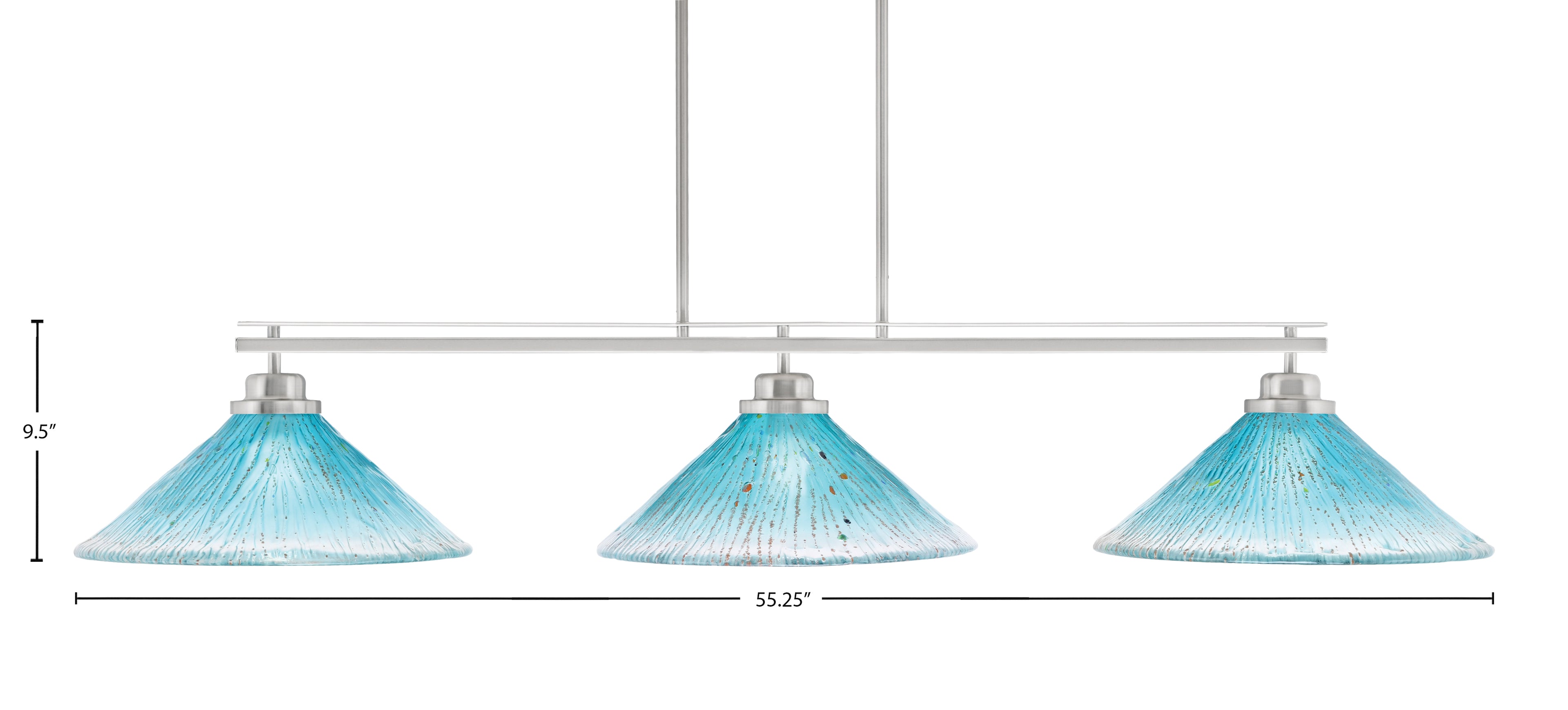 Odyssey Three Light Island Pendant in Brushed Nickel with 16" Teal Crystal Shade
