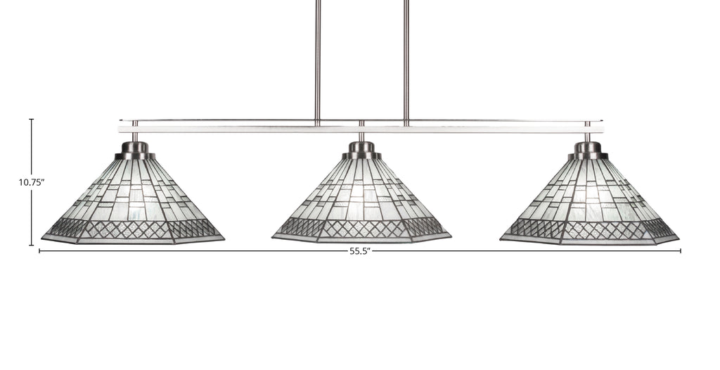 Odyssey Three Light Island Pendant in Brushed Nickel with 16" Pewter Art Glass Shade