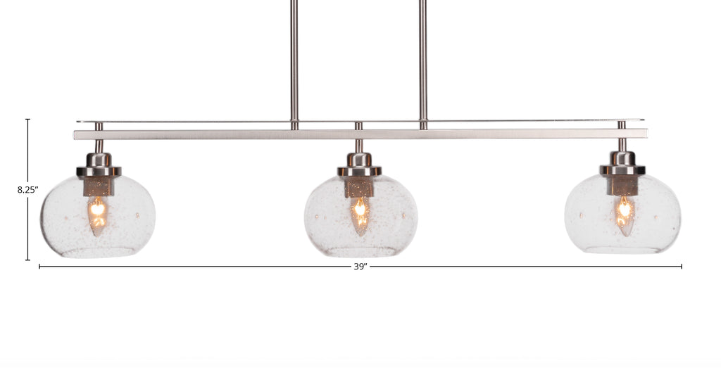 Odyssey Three Light Island Pendant in Brushed Nickel with 7" Clear Bubble Shade