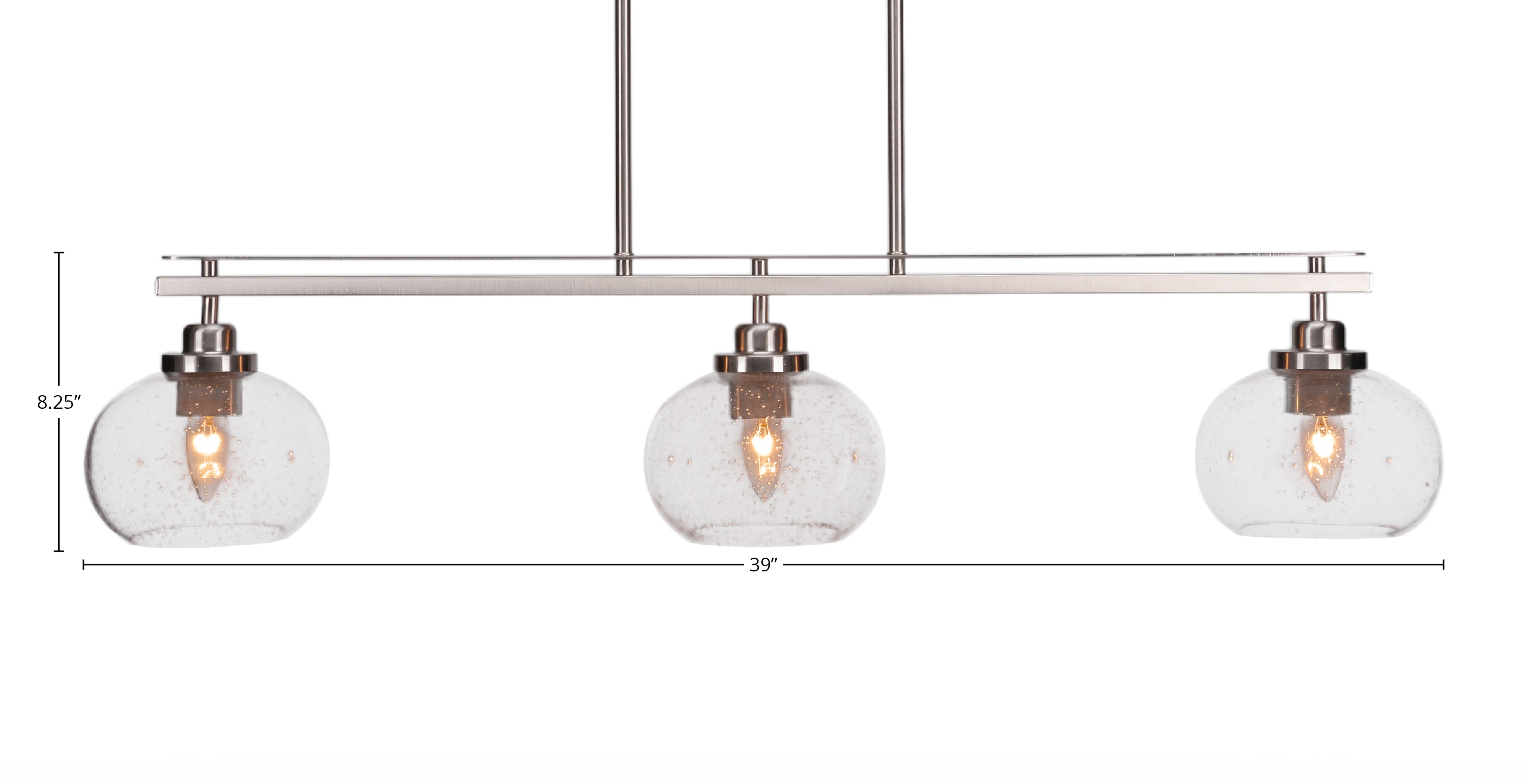 Odyssey Three Light Island Pendant in Brushed Nickel with 7" Clear Bubble Shade