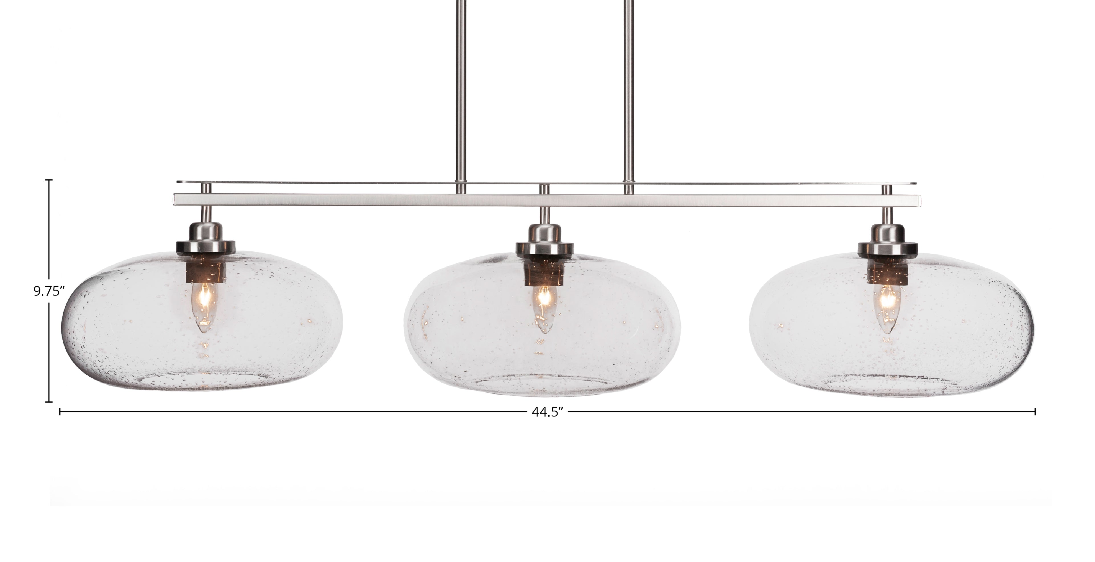 Odyssey Three Light Island Pendant in Brushed Nickel with 13" Clear Bubble Shade