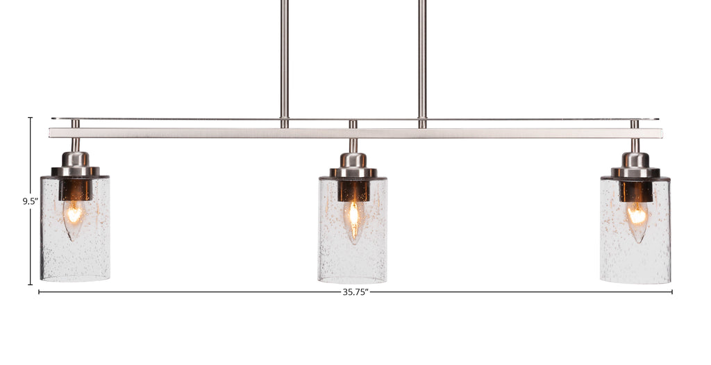Odyssey Three Light Island Pendant in Brushed Nickel with 4" Clear Bubble Shade