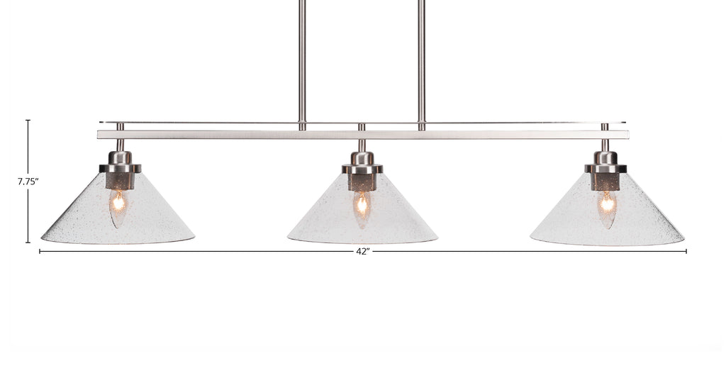 Odyssey Three Light Island Pendant in Brushed Nickel with 10" Clear Bubble Shade