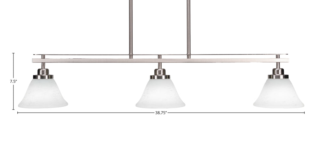 Odyssey Three Light Island Pendant in Brushed Nickel with 7" White Muslin Shade