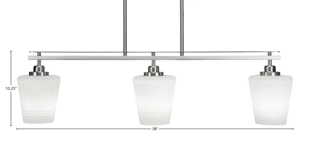 Odyssey Three Light Island Pendant in Brushed Nickel with 6" White Matrix Shade