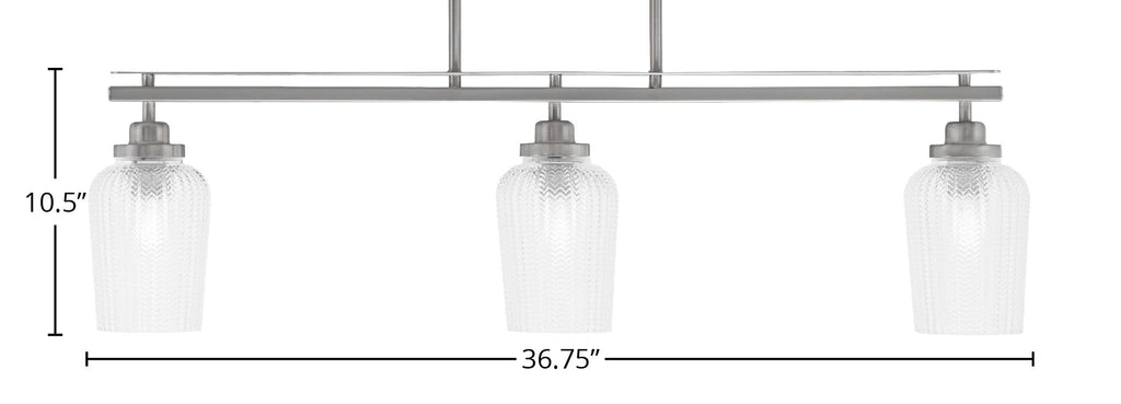 Odyssey Three Light Island Pendant in Brushed Nickel with 5" Clear Textured Shade