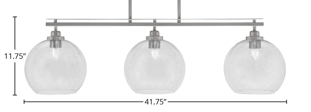 Odyssey Three Light Island Pendant in Brushed Nickel with 9.5" Clear Bubble Shade