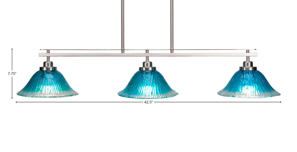 Odyssey Three Light Island Pendant in Brushed Nickel with 10" Teal Crystal Shade