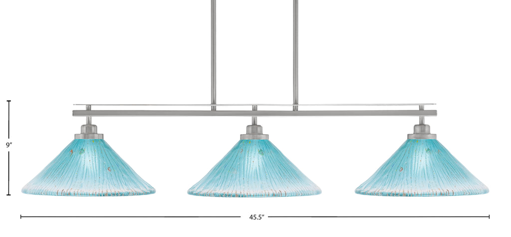 Odyssey Three Light Island Pendant in Brushed Nickel with 12" Teal Crystal Shade