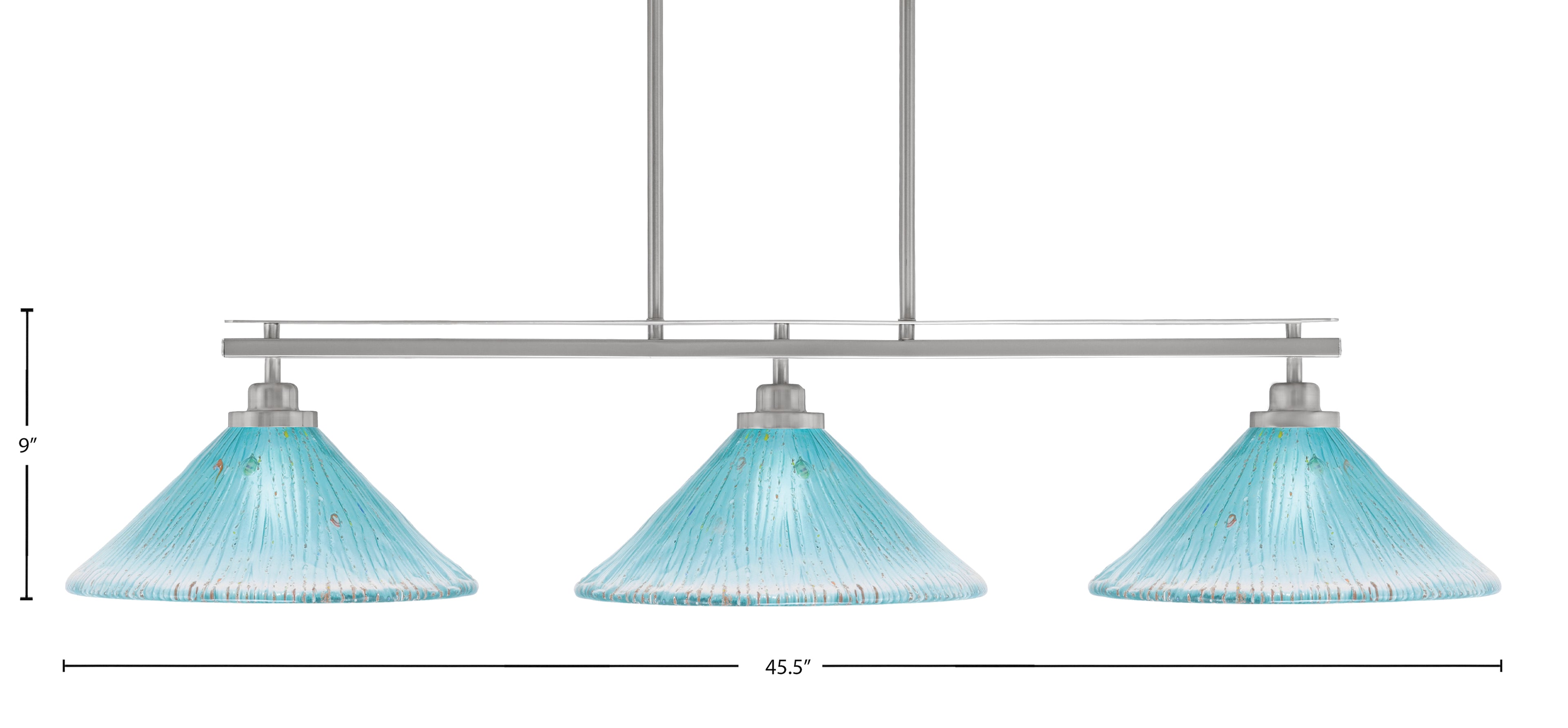 Odyssey Three Light Island Pendant in Brushed Nickel with 12" Teal Crystal Shade
