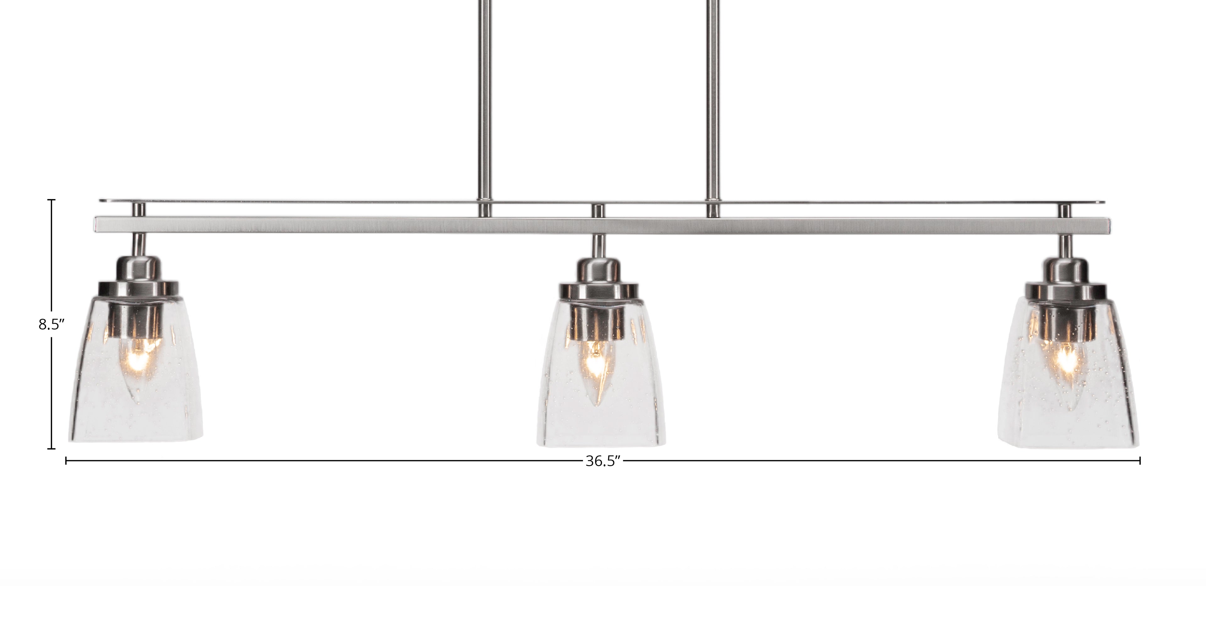 Odyssey Three Light Island Pendant in Brushed Nickel with 4.5" Square Clear Bubble Shade