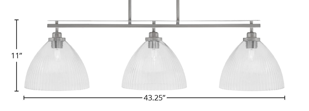 Odyssey Three Light Island Pendant in Brushed Nickel with 10.75" Clear Ribbed Shade