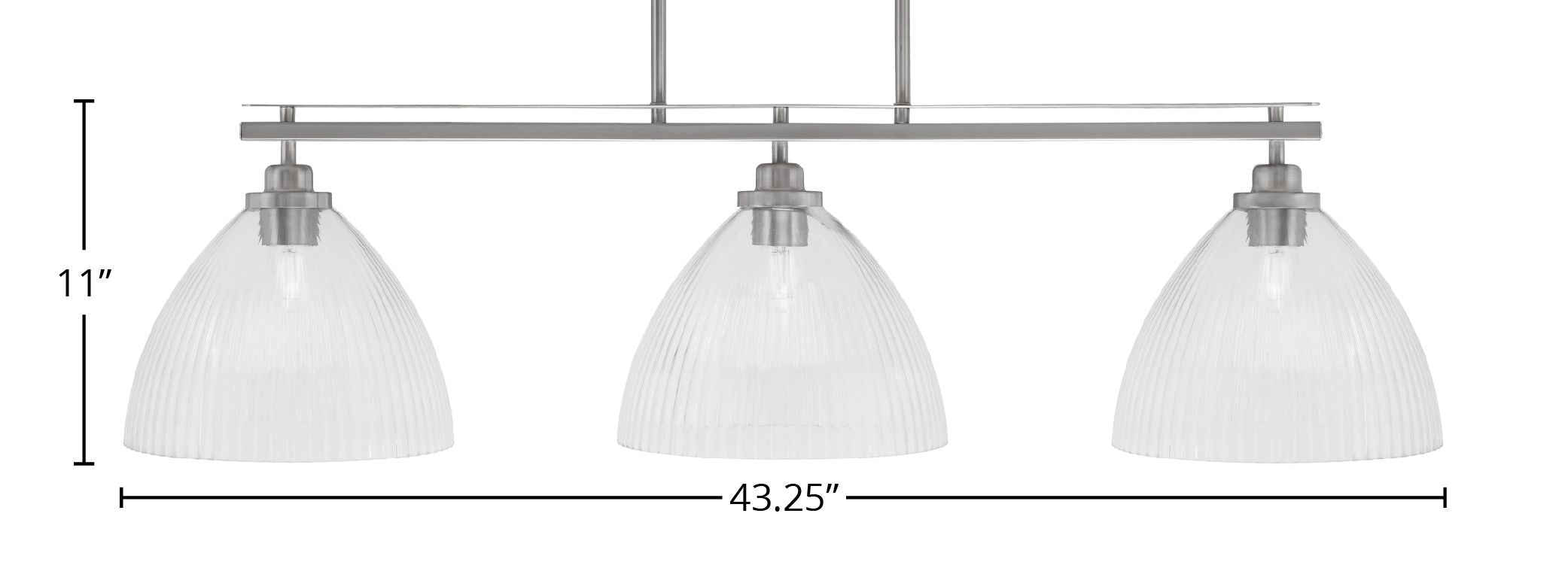 Odyssey Three Light Island Pendant in Brushed Nickel with 10.75" Clear Ribbed Shade