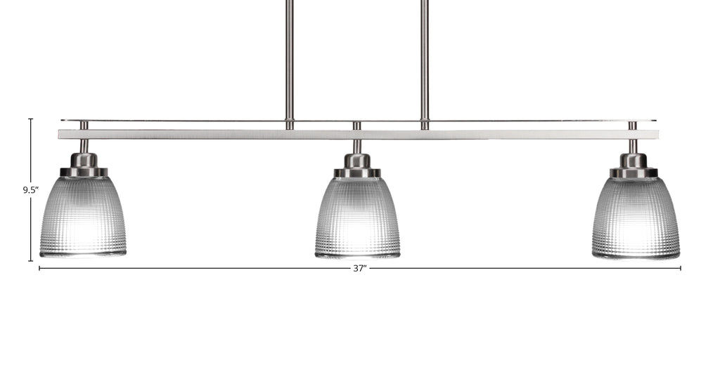 Odyssey Three Light Island Pendant in Brushed Nickel with 5" Clear Ribbed Shade
