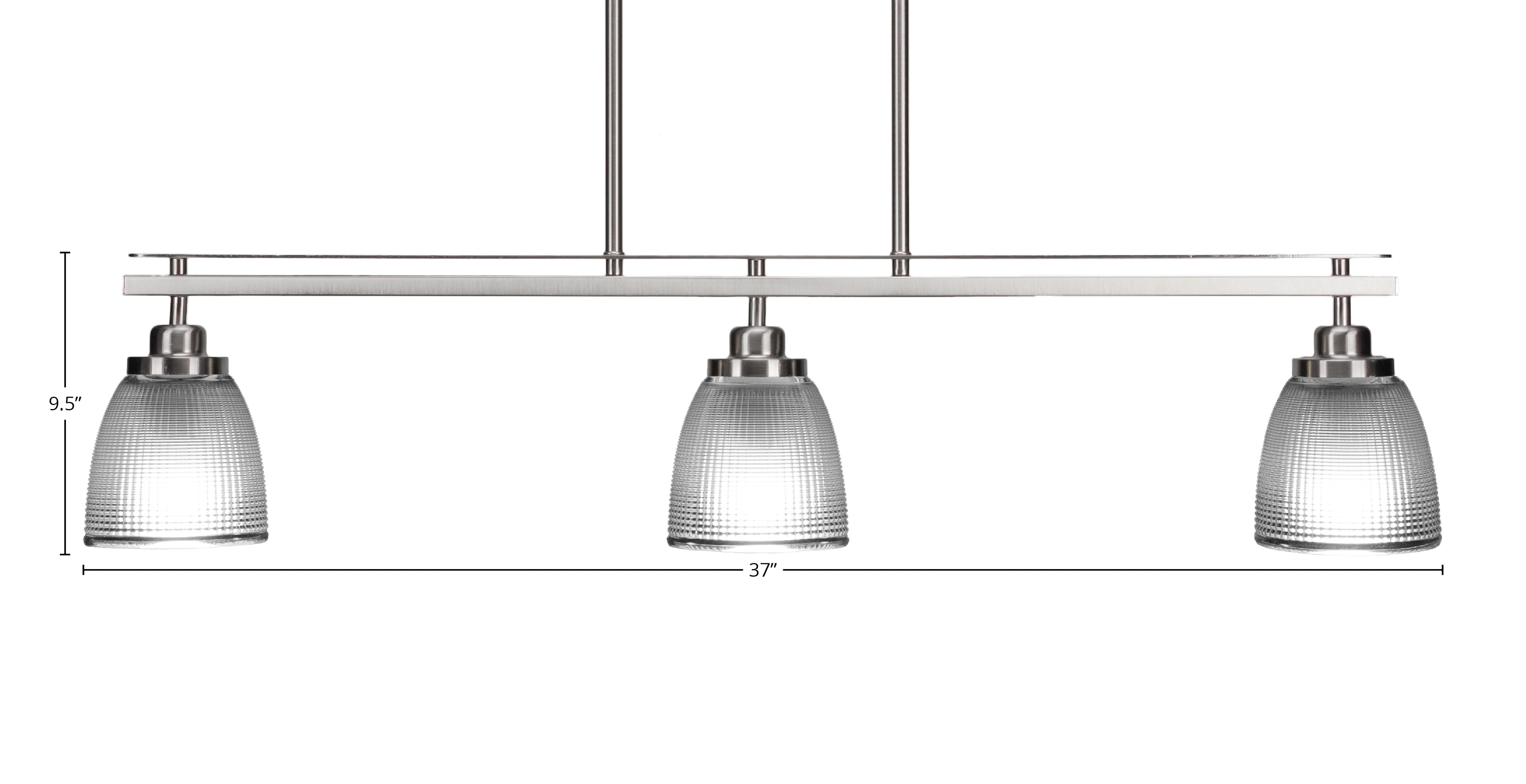 Odyssey Three Light Island Pendant in Brushed Nickel with 5" Clear Ribbed Shade