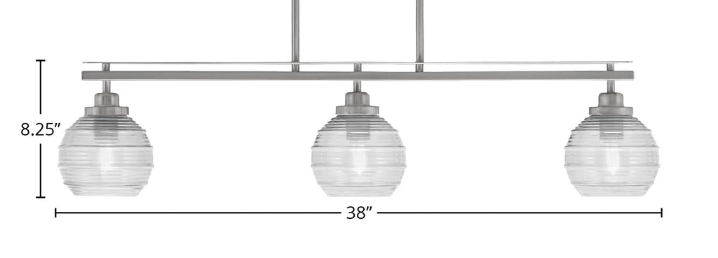 Odyssey Three Light Island Pendant in Brushed Nickel with 6" Clear Ribbed Shade