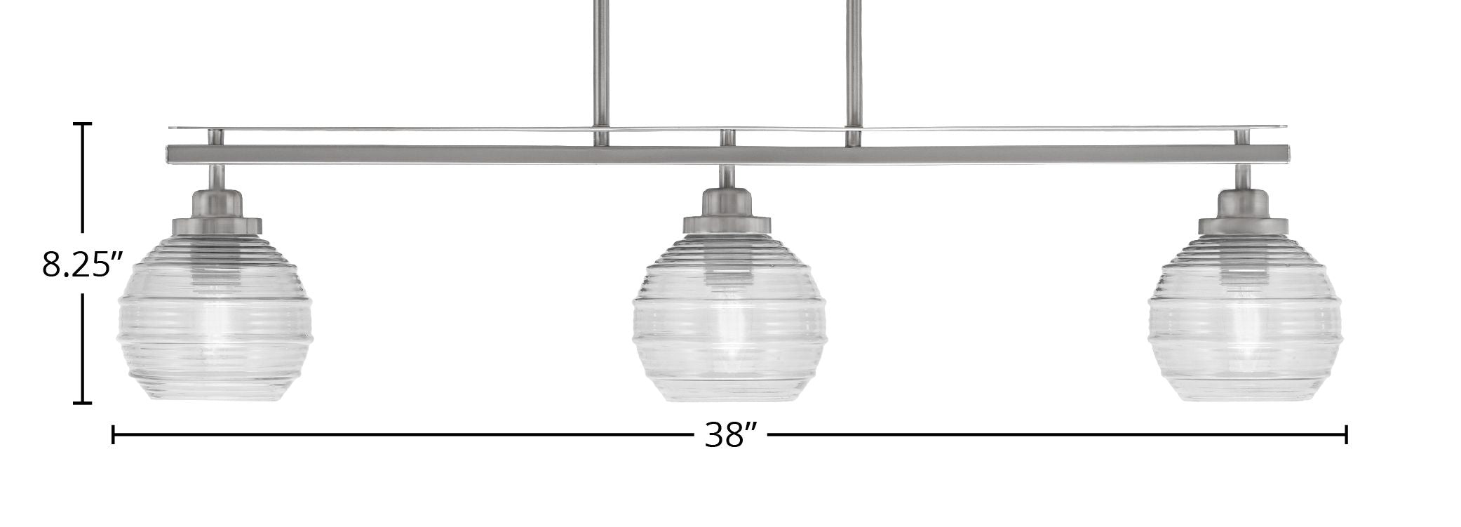 Odyssey Three Light Island Pendant in Brushed Nickel with 6" Clear Ribbed Shade
