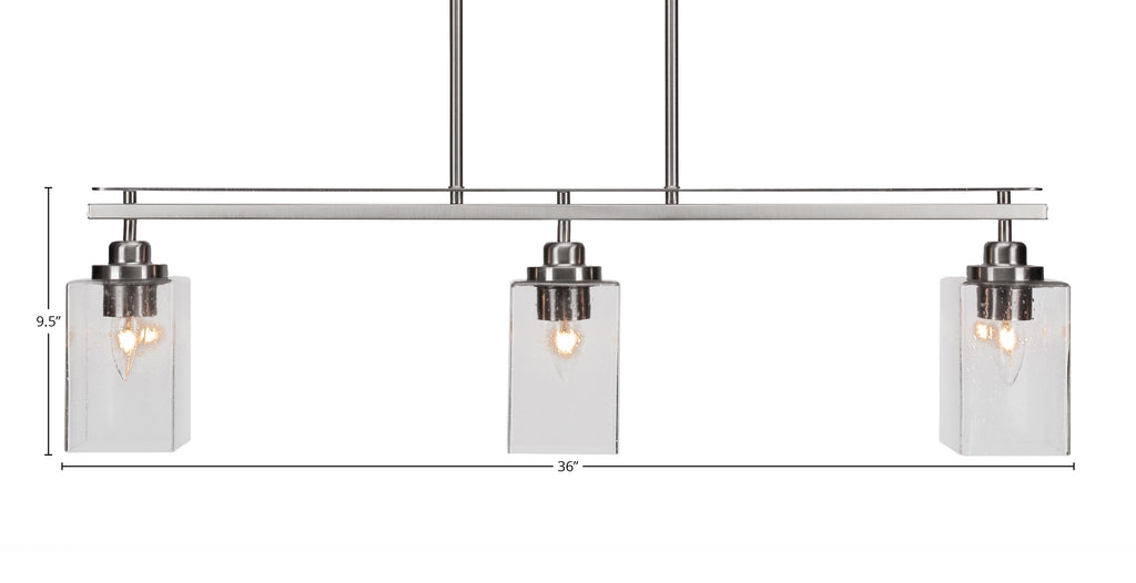 Odyssey Three Light Island Pendant in Brushed Nickel with 4" Square Clear Bubble Shade