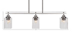 Odyssey Three Light Island Pendant in Brushed Nickel with 4" Square Clear Bubble Shade