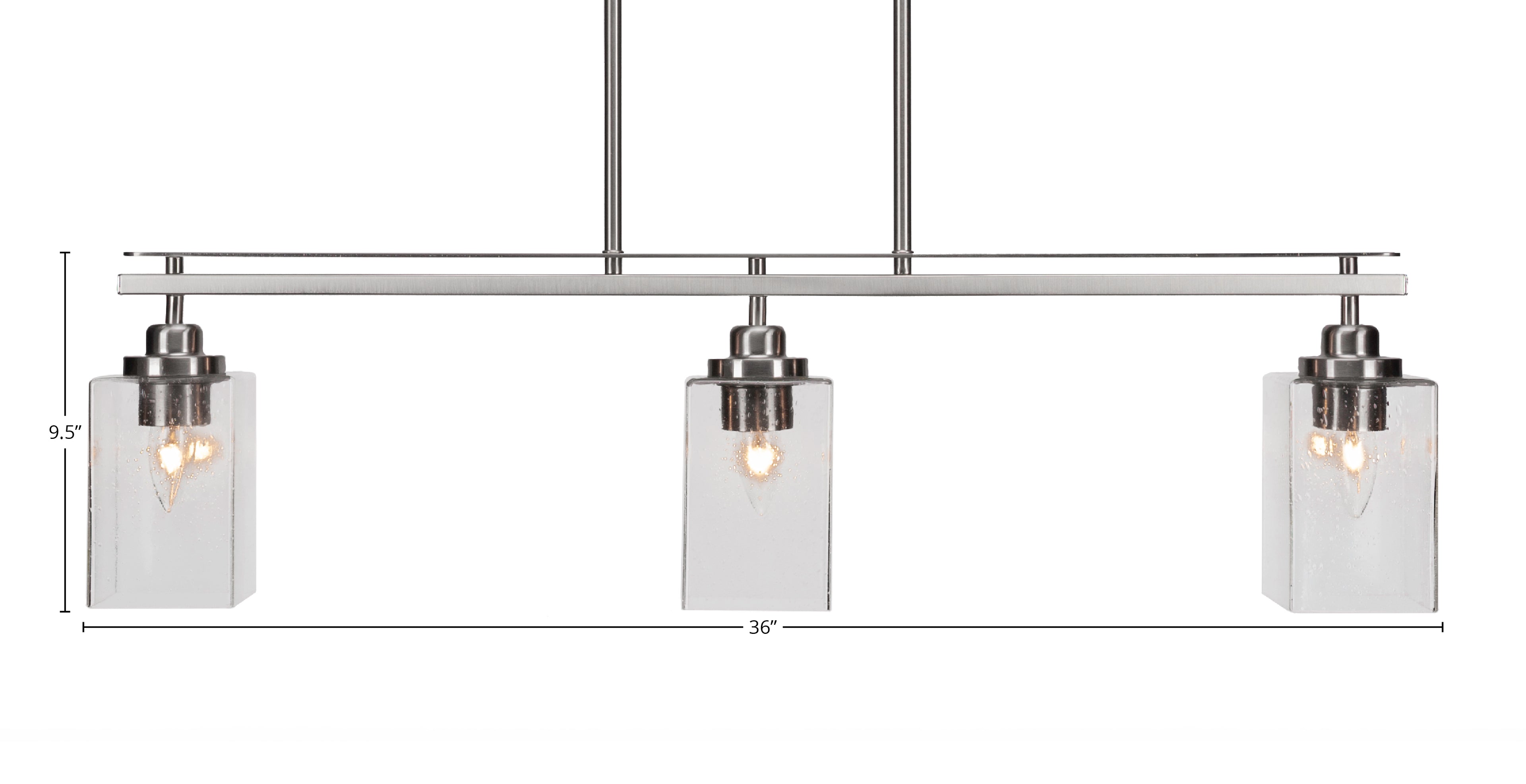 Odyssey Three Light Island Pendant in Brushed Nickel with 4" Square Clear Bubble Shade