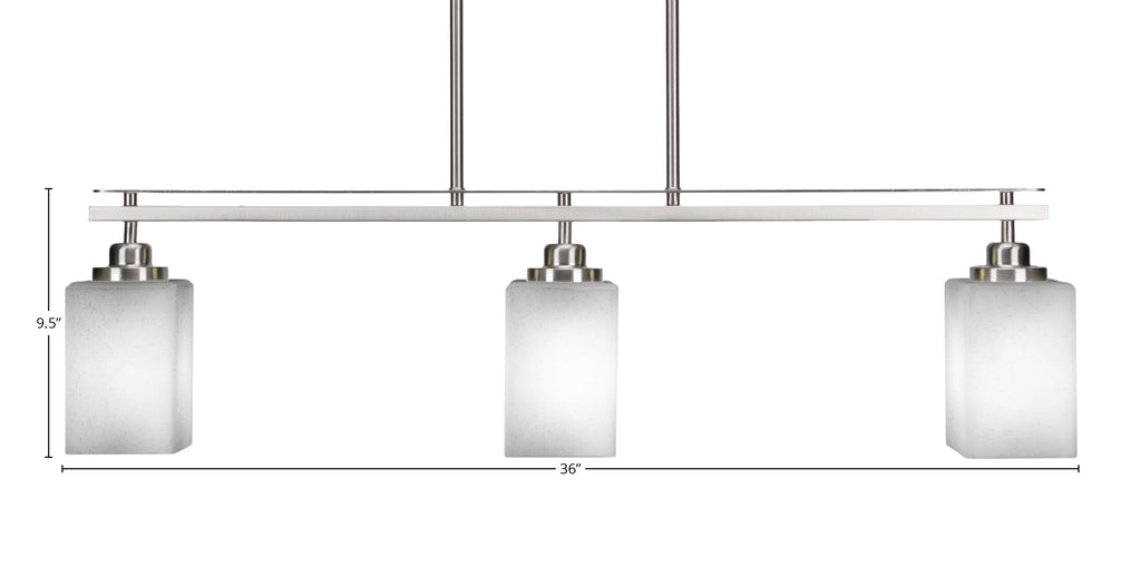 Odyssey Three Light Island Pendant in Brushed Nickel with 4" Square White Muslin Shade