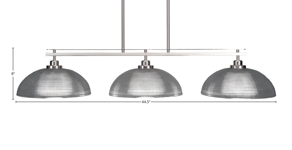 Odyssey Three Light Island Pendant in Brushed Nickel with 13" Clear Ribbed Shade