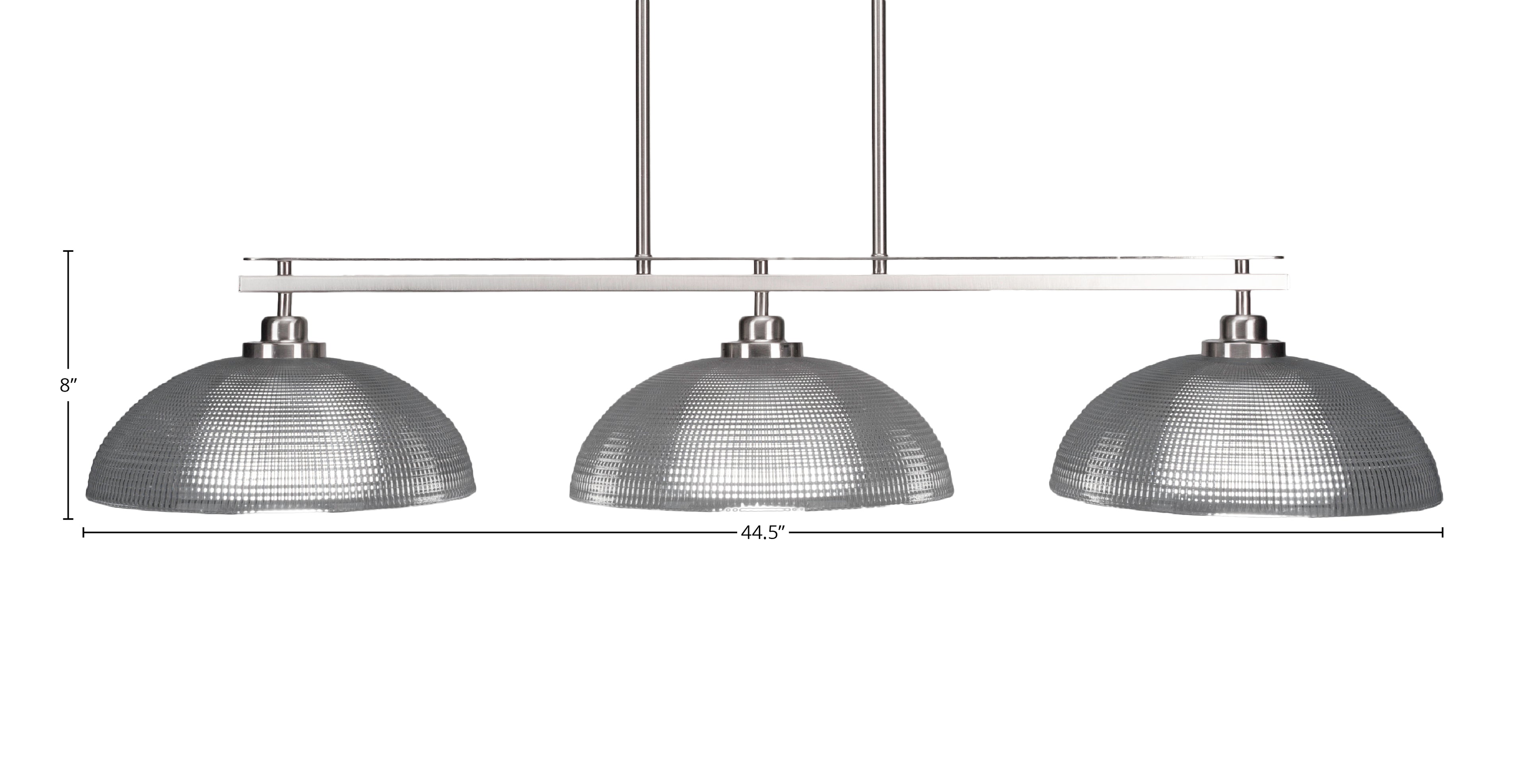 Odyssey Three Light Island Pendant in Brushed Nickel with 13" Clear Ribbed Shade