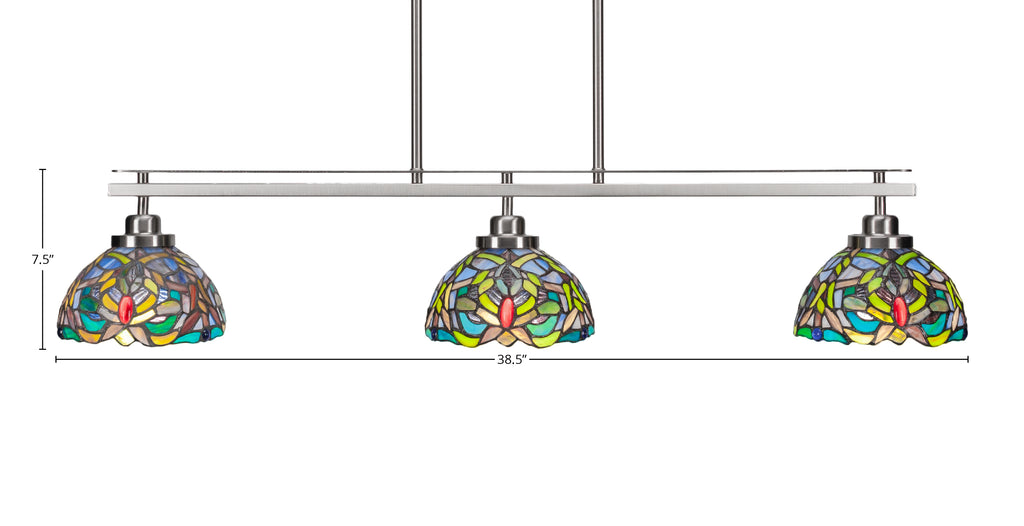 Odyssey Three Light Island Pendant in Brushed Nickel with 7" Kaleidoscope Art Glass Shade