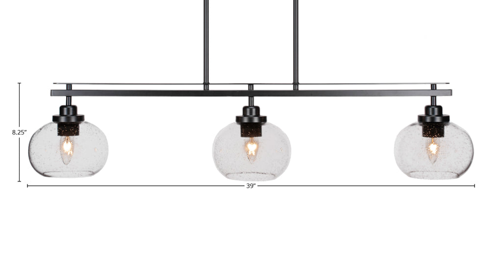 Odyssey Three Light Island Pendant in Matte Black with 7" Clear Bubble Shade