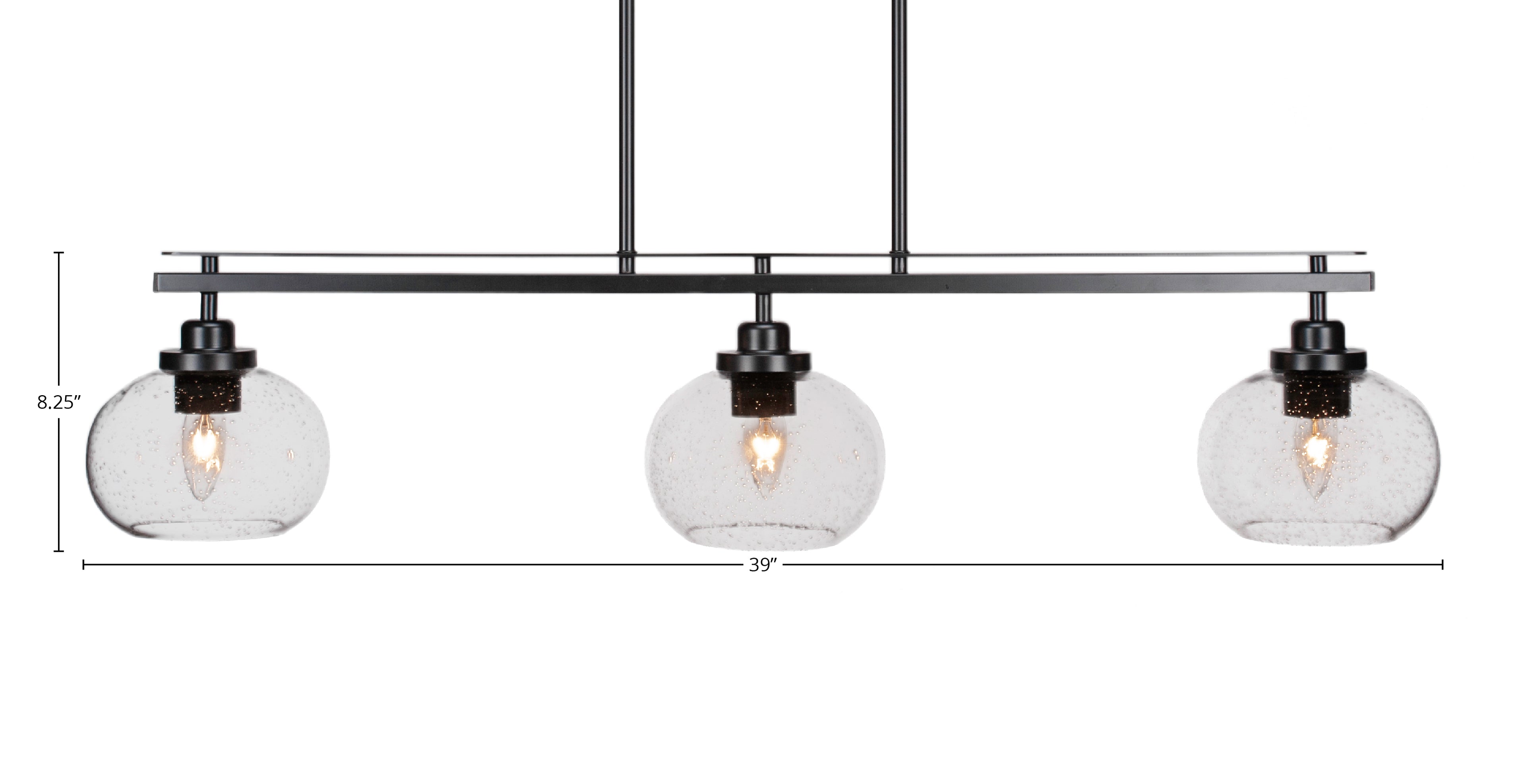 Odyssey Three Light Island Pendant in Matte Black with 7" Clear Bubble Shade