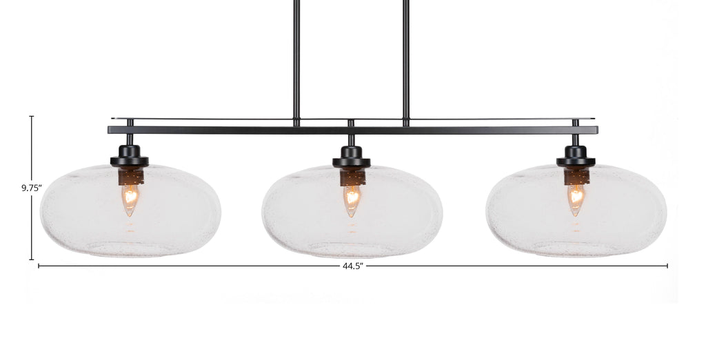 Odyssey Three Light Island Pendant in Matte Black with 13" Clear Bubble Shade