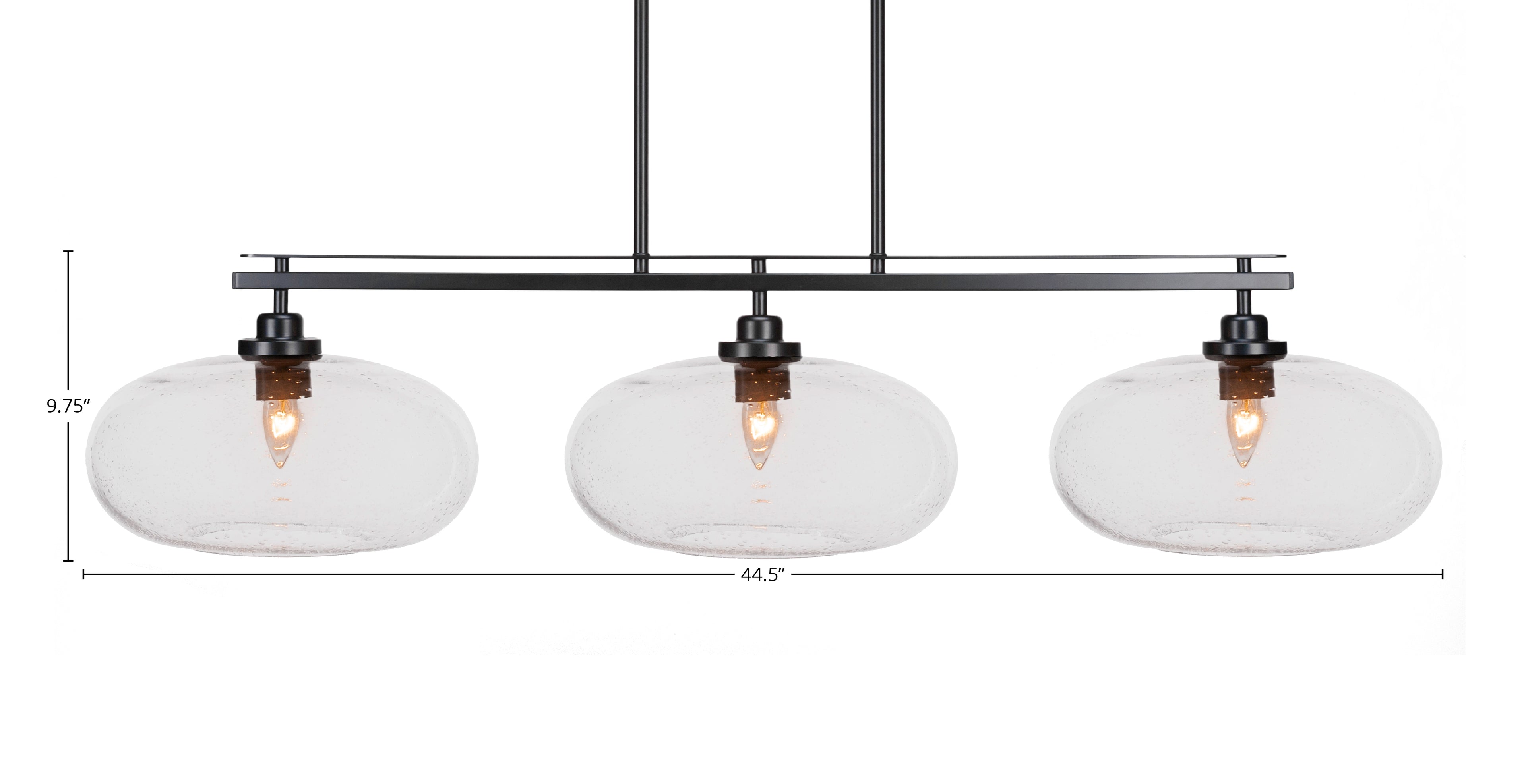 Odyssey Three Light Island Pendant in Matte Black with 13" Clear Bubble Shade