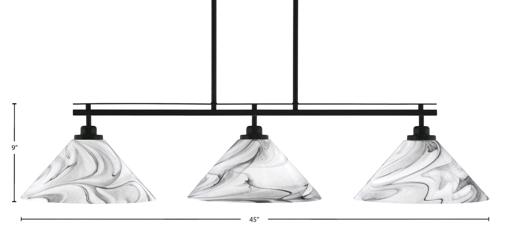 Odyssey Three Light Island Pendant in Matte Black with 16" Onyx Swirl Shade