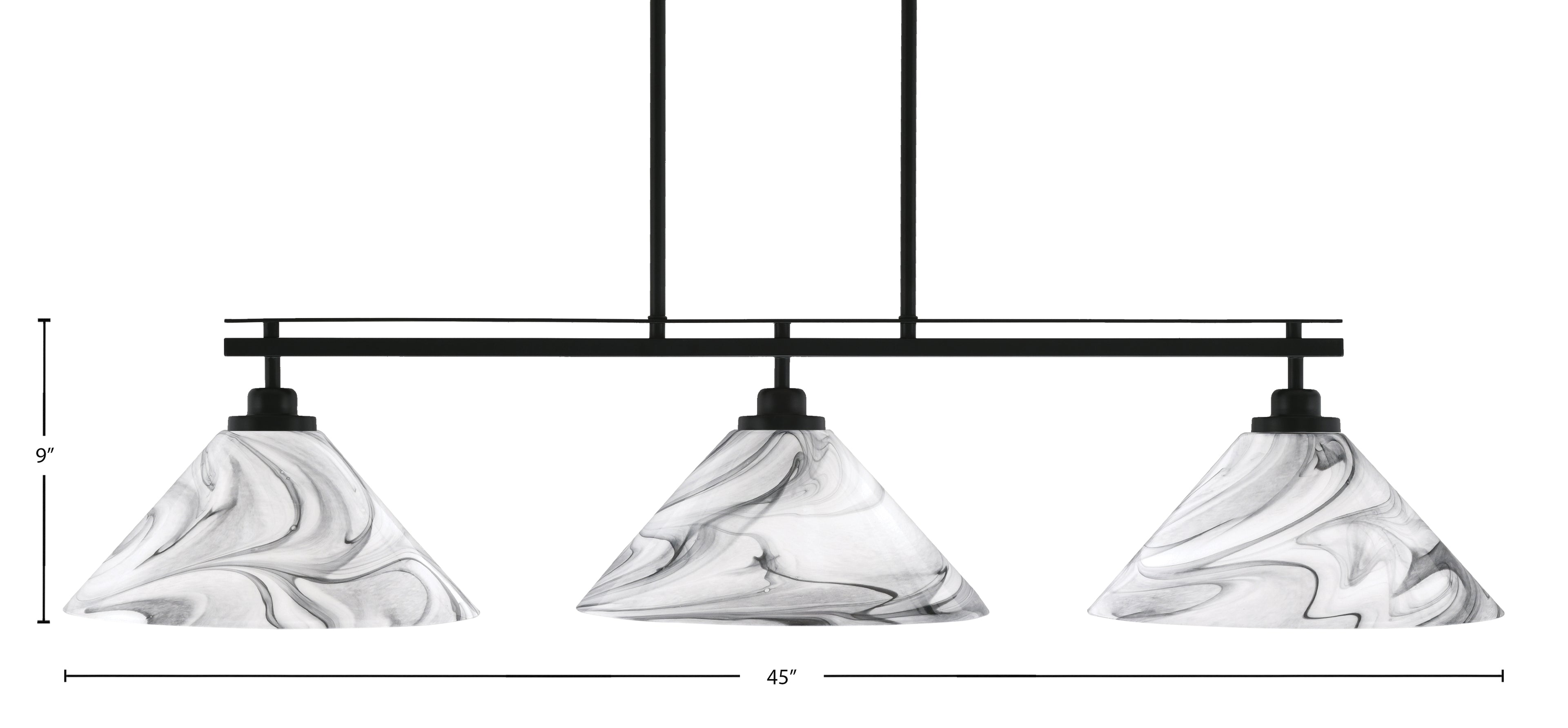 Odyssey Three Light Island Pendant in Matte Black with 16" Onyx Swirl Shade