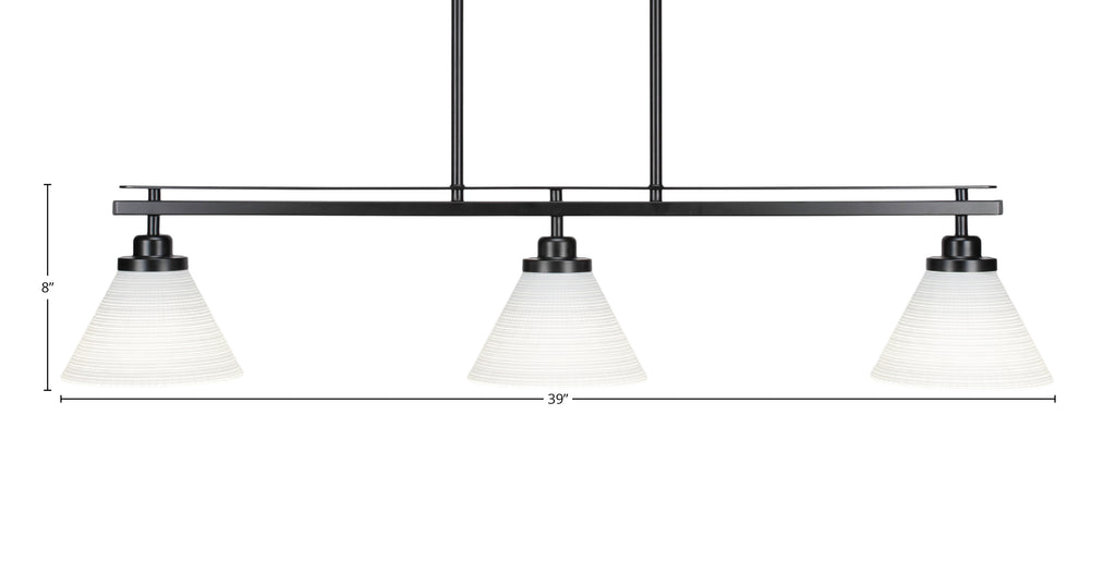 Odyssey Three Light Island Pendant in Matte Black with 7" White Matrix Shade
