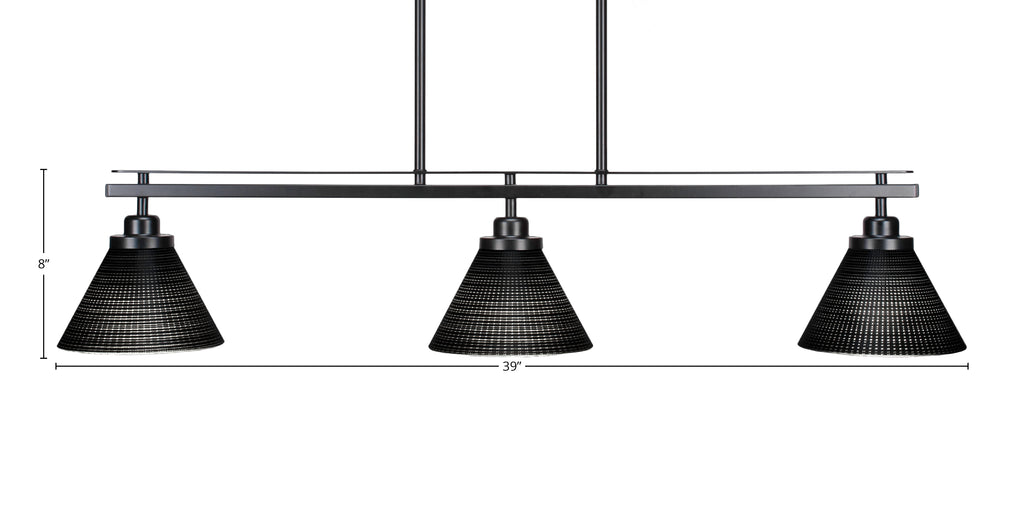 Odyssey Three Light Island Pendant in Matte Black with 7" Black Matrix Shade
