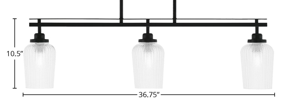 Odyssey Three Light Island Pendant in Matte Black with 5" Clear Textured Shade