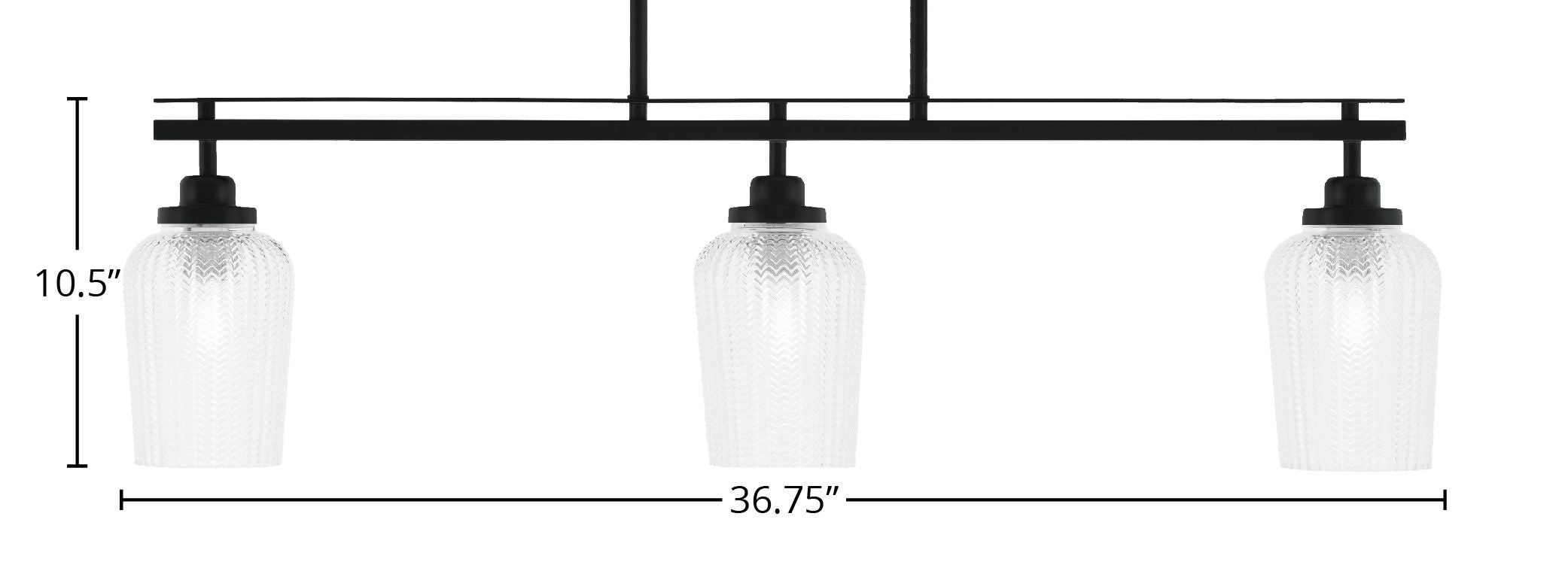 Odyssey Three Light Island Pendant in Matte Black with 5" Clear Textured Shade