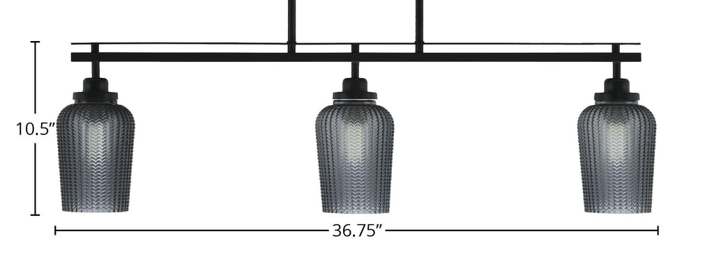 Odyssey Three Light Island Pendant in Matte Black with 5" Smoke Textured Shade