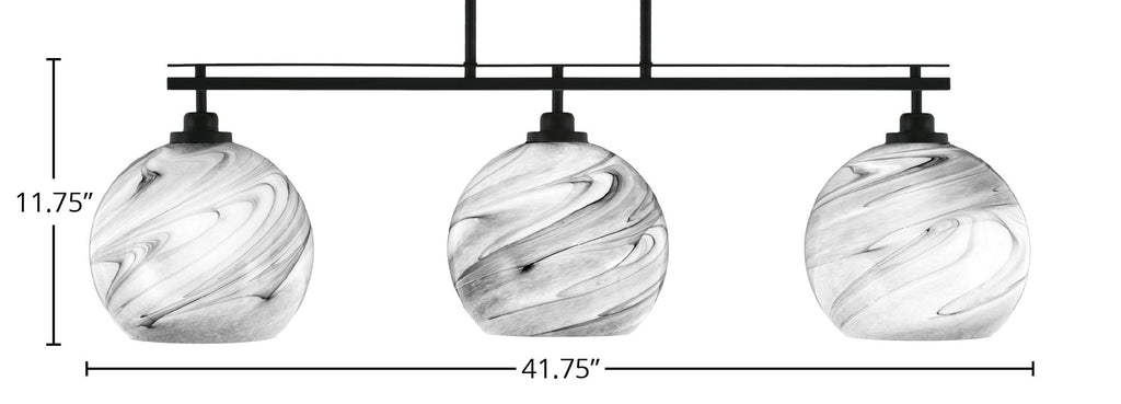 Odyssey Three Light Island Pendant in Matte Black with 9.5" Onyx Swirl Shade