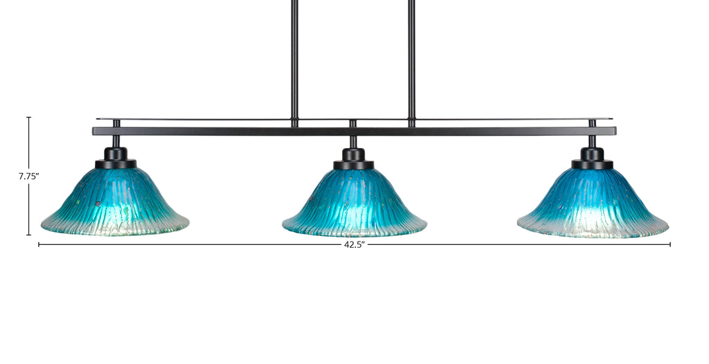 Odyssey Three Light Island Pendant in Matte Black with 10" Teal Crystal Shade