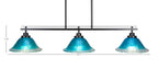 Odyssey Three Light Island Pendant in Matte Black with 10" Teal Crystal Shade