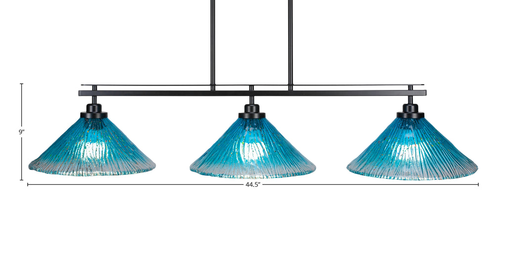 Odyssey Three Light Island Pendant in Matte Black with 12" Teal Crystal Shade